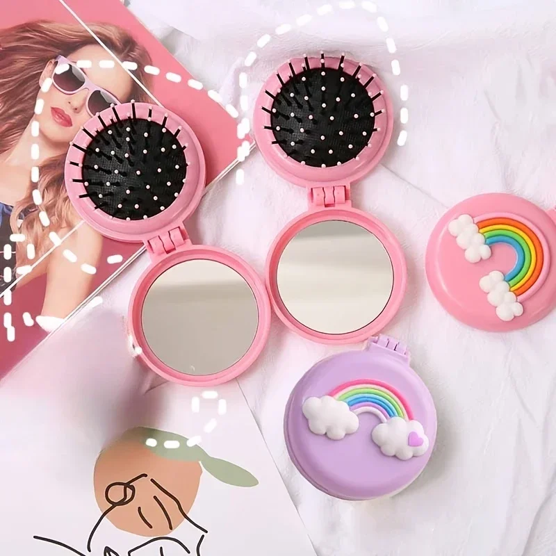 Girls Cute Cartoon Foldable Comb with Mirror Portable Small Compact Kawaii Folding Comb Children Air Cushion Hair Styling Comb