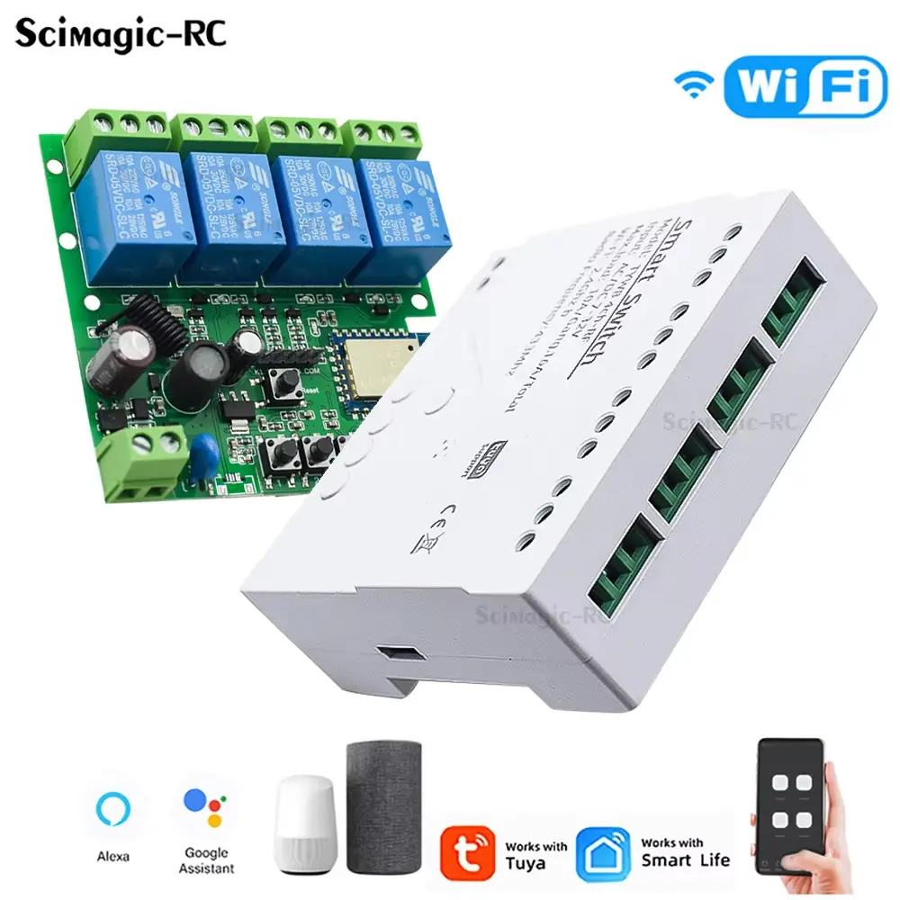 Módulo de interruptor inteligente sem fio, relé wi-fi tuya 4 canais 7-32v 85-250v 220v 110v 2200w rf433 10a receptor de 4 vias para alexa