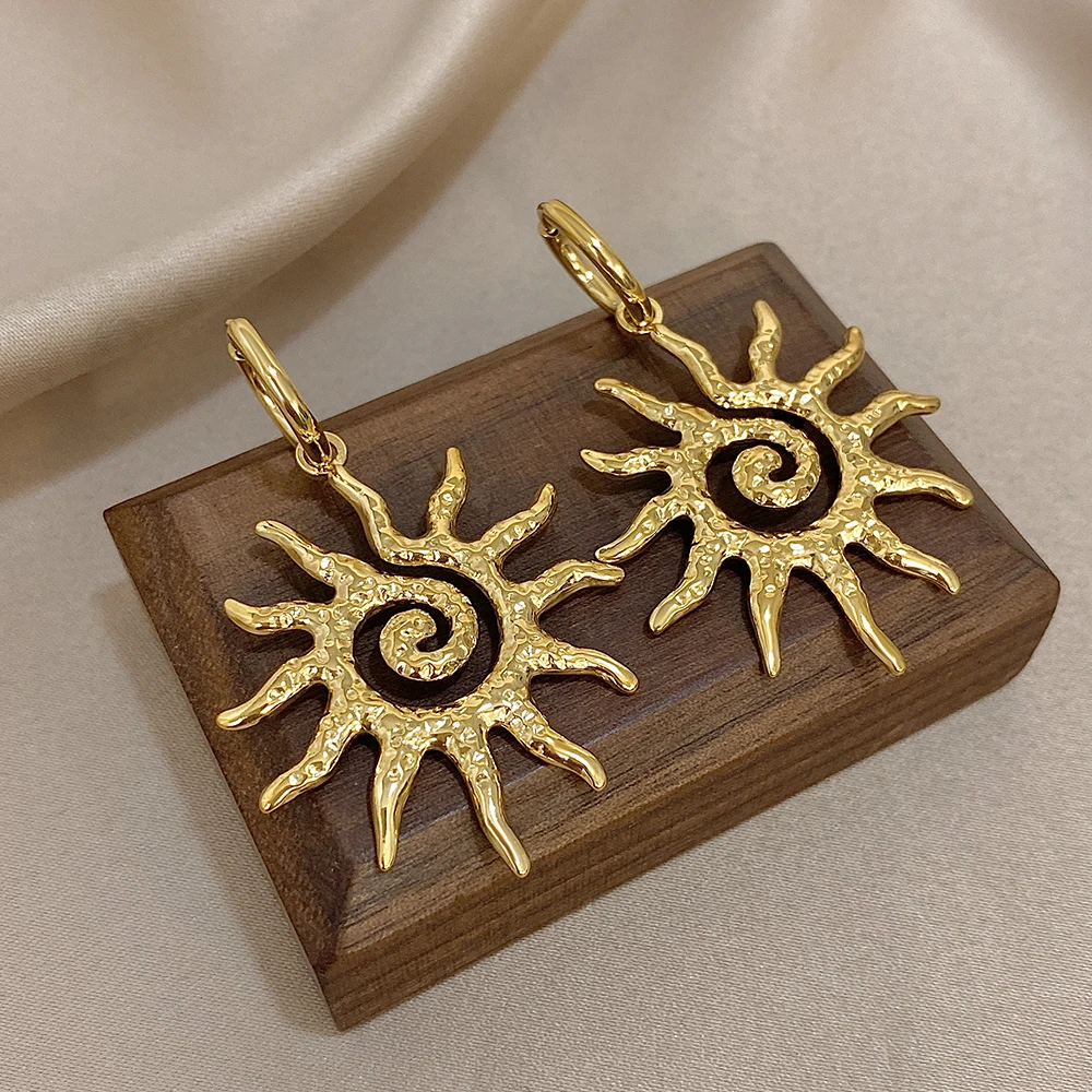 Fashion Gold Plated Stainless Steel Drop Earrings for Women Ethnic Spiral Sun Totem Hanging Earrings Waterproof Jewelry Gifts