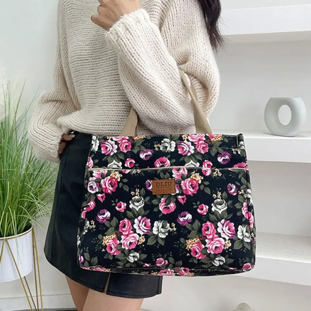 

Shopping Portable Floral Print Tote Bag Large Capacity Zipper Casual Handbag Ethnic Style Fabric Canvas Lunch Bag For Mom