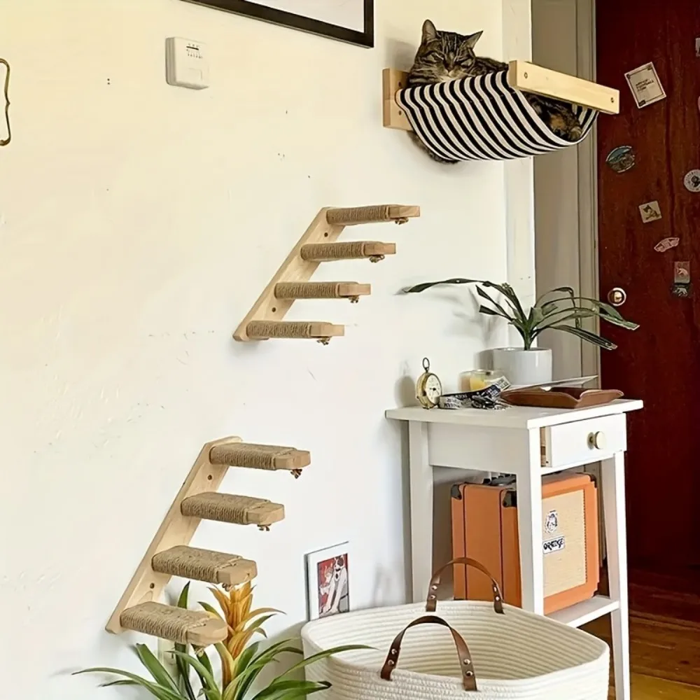 2-Piece Set Solid Wood Cat Climbing Frame, Wall Perforated Cat Climbing Ladder, Wall Mounted Staircase, Wall Jumping Platform, All Season Universal Cat Climbing Frame