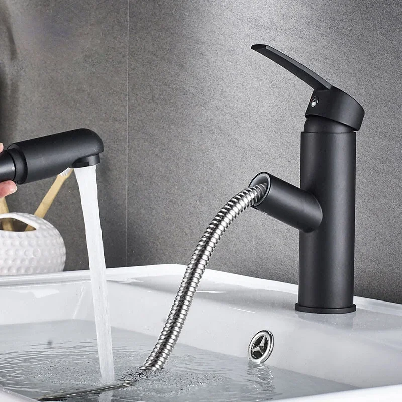 

Modern Pull-out Spray Bathroom Sink Faucet - Single Lever, Countertop Install, Hot & Cold Water