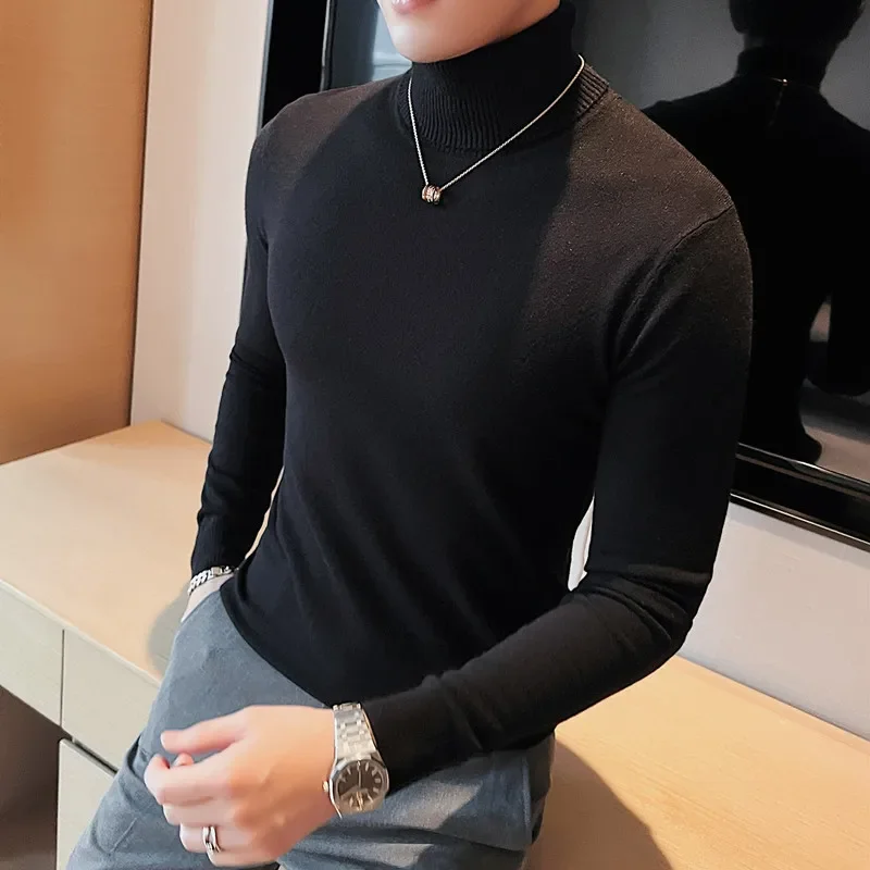 Winter Knitted Sweater Men's Solid Color Half Turtleneck Slim Casual Business Knitwear Pullovers Social Streetwear Men Clothing