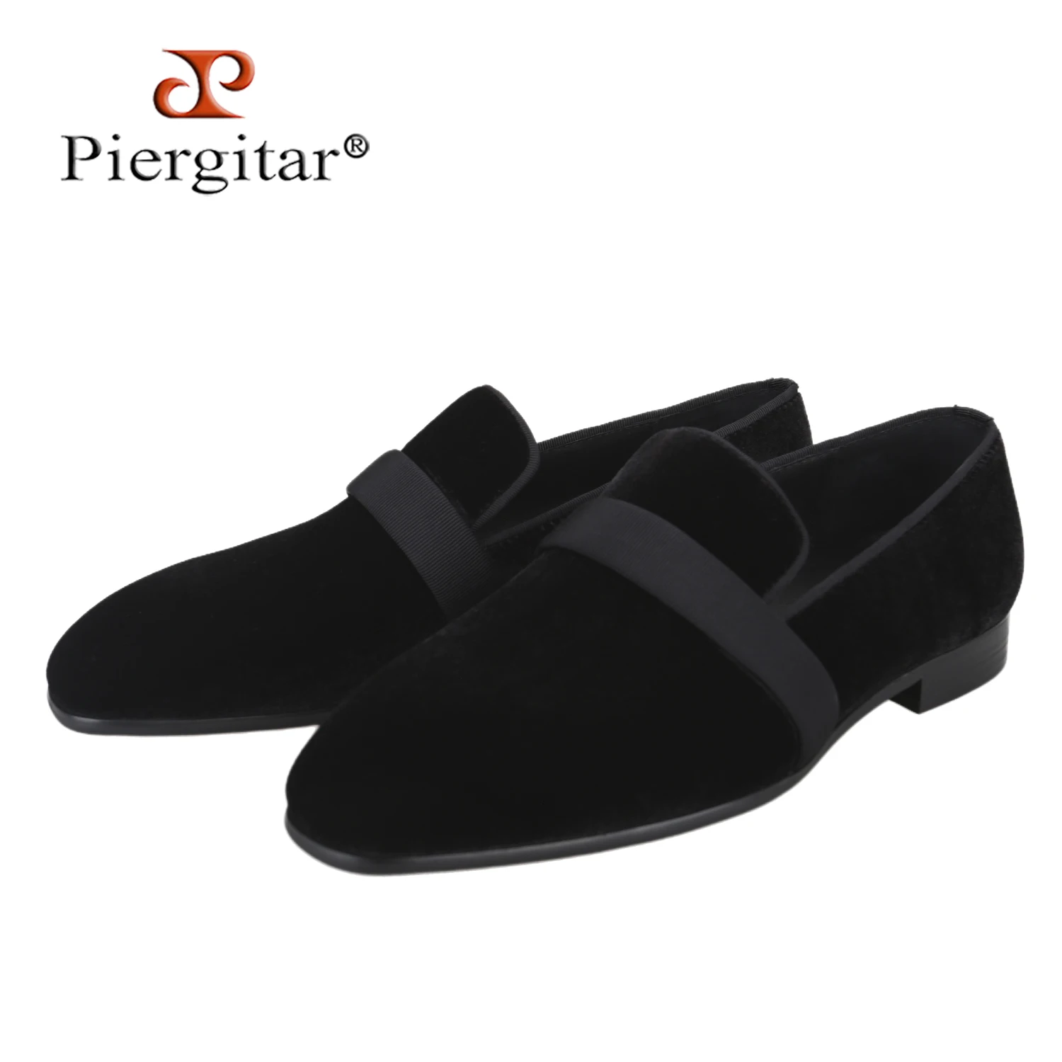 Piergitar Black Velvet Slip-On Loafers With Handmade Ribbon Luxury Brand 