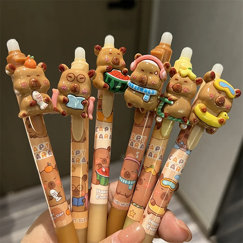 6PCS Capybara Erasable Press Pen Kawaii Resin Gel Pens Student Stationery Cute Ballpoint Pen School Supplies Office Accessories