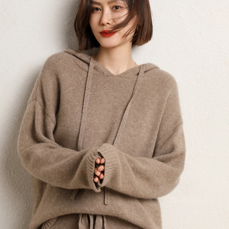 Autumn Winter Hooded Cashmere Sweater Female Pullover Loose 100% Pure Wool Hoodie Languid Lazy Wind Knitting Base Hoodie