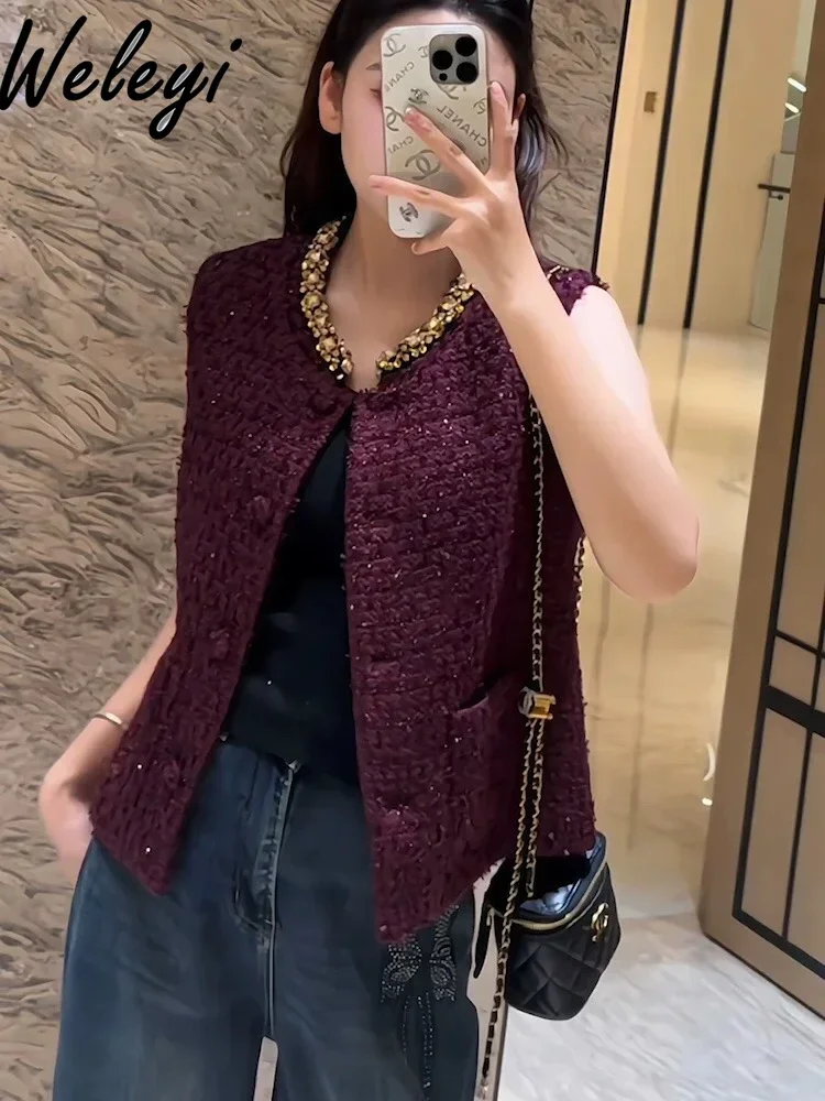 Elegant Beaded Round Neck Tweed Vest Coat Women 2024 Early Autumn New Luxury Wine Red O Neck Nail Diamond Vests Jacket Female