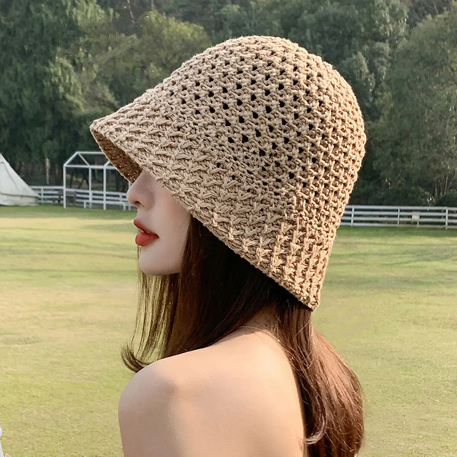 1PC Damen Mode Eimer Hut Atmungsaktive Gestrickte Sonnenschirm Fischer Hut Aushöhlen Kappe für Reise Strand UV Schutz