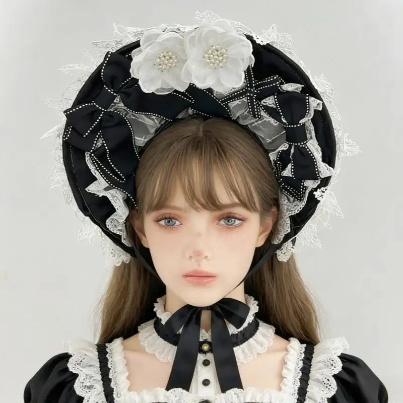

Y3NE Stylish Lace Hairband Bowknot Bonnet Hat For Women Girl Anime Event Dressingup Cocktails Party Photography Headpiece