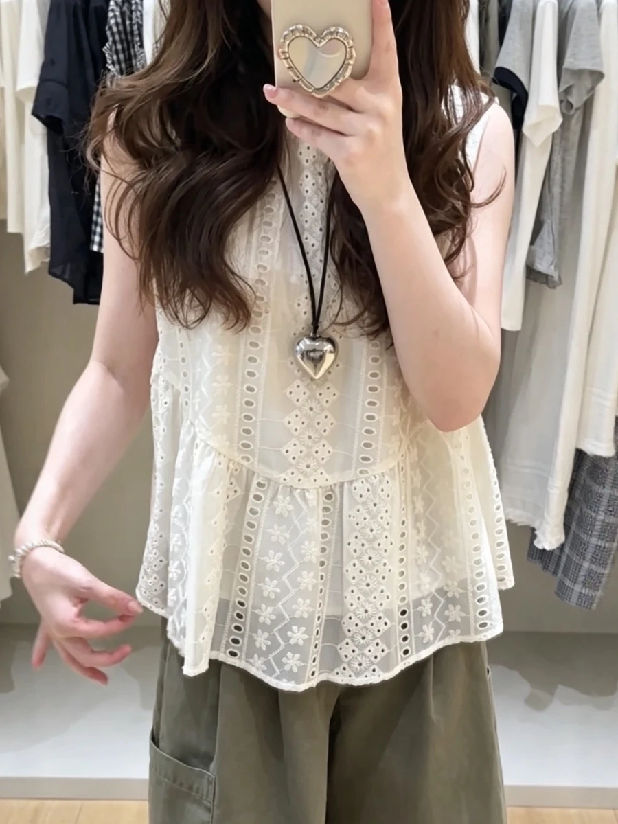 

Korean Style Lace Hollow out Side Tie Women's Vest Summer New Fashion Versatile Layered Top Breathable Loose Fit round Neck