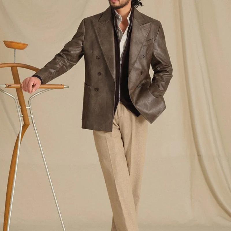 

Vintage Italian Men's Leather Jacket, Double-breasted, Notch-lapel, Business Casual, Warm Jacket