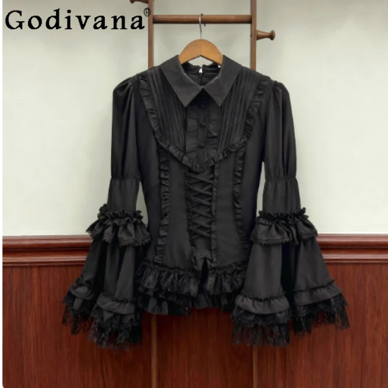 

Темная рубашка в стиле готической Лолиты со шнуровкой и расклешенными рукавами и оборками, индивидуальный элегантный воротник-стойка для девочек, тонкий универсальный топ на Хэллоуин