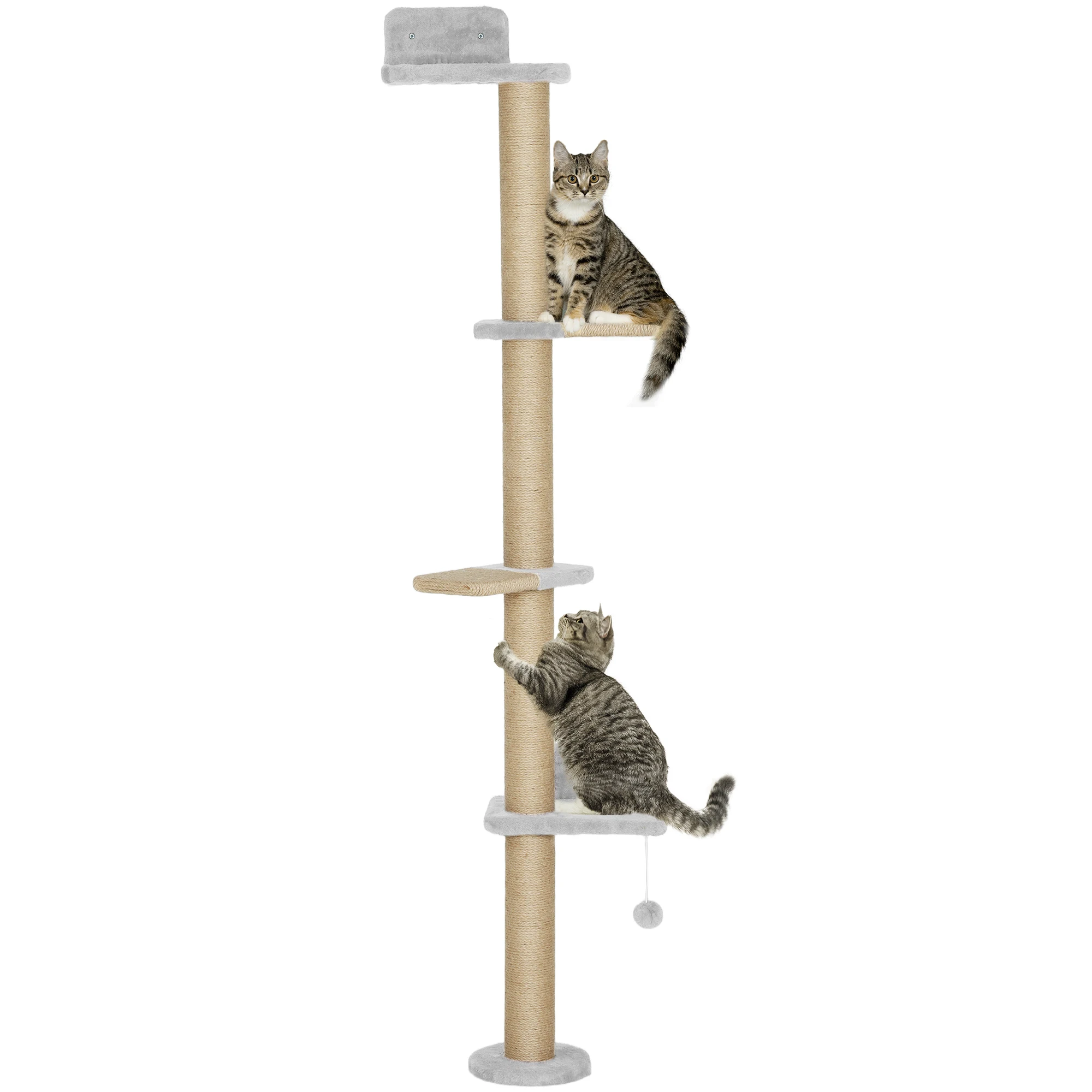 Pawhut 5-laags wandgemonteerde kattenboom, smalle krabpaal met bal en krabplanken, 48x21x180 cm, lichtgrijs