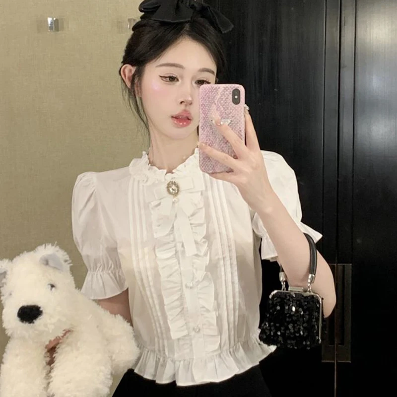 Gidyq White Elegant Shirt Women Summer Sweet Cute Puff Sleeve Crop Top Korean Ruffles Chic Slim Vintage Office Ladies Blouse New