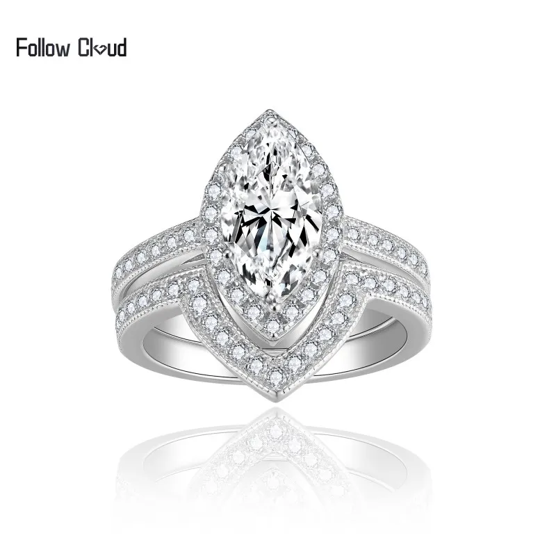 

Follow Cloud 6*12mm 2ct Marquise Cut Full Moissanite Diamond Real 925 Sterling Silver Engagement Ring Set for Women Wedding Band