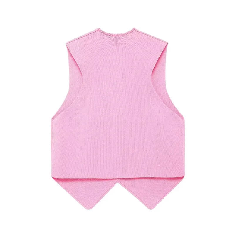 TRAF Pink Knit Vest Women Cropped Sleeveless Vest Woman Fashion Summer Short Coats Knitted Vest Top Female 2024 V Neck Waistcoat