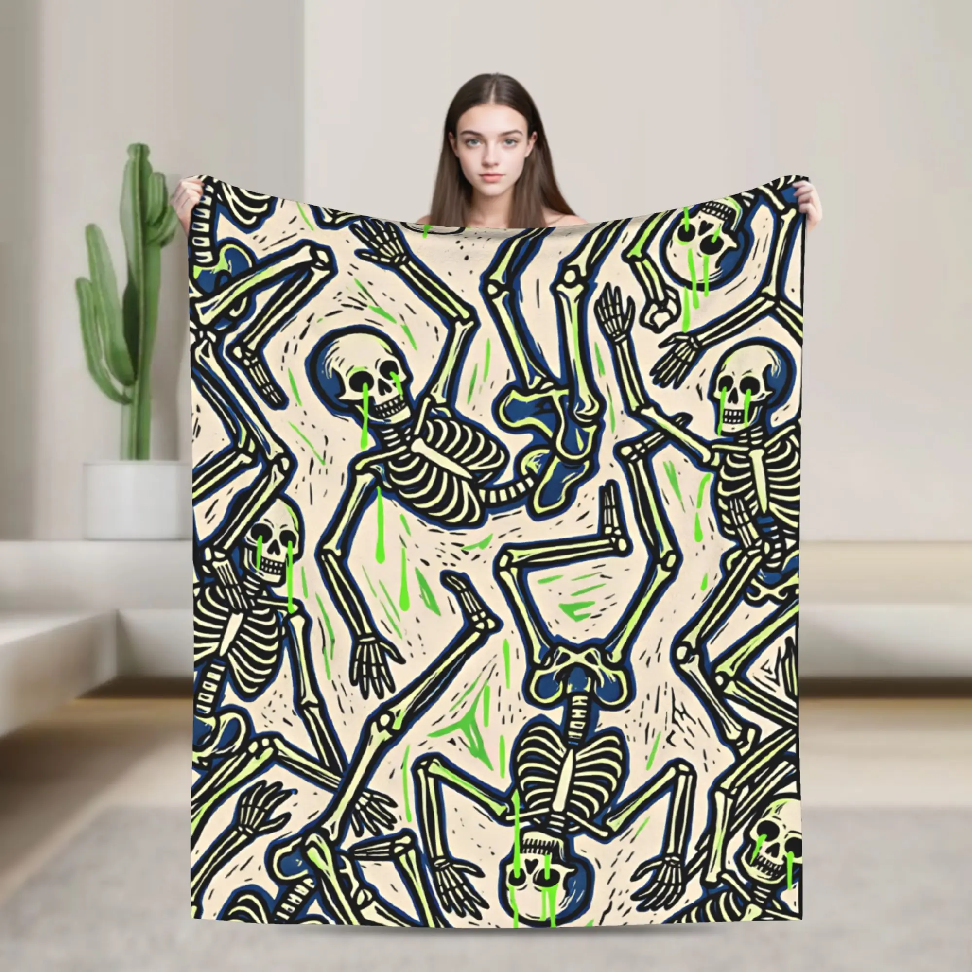 Colorful Dancing Skeleton Seamless Pattern Flannel Blanket Adults Girls  Soft Comfy Throw Blanket Winter Outdoor Sofa Bed Cover