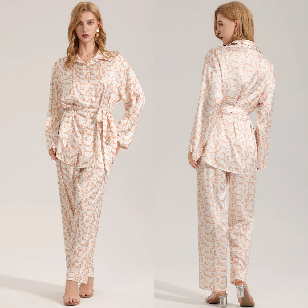 Summer Pajamas For Women Satin Chiffon Printed Pajamas Long Sleeve Trousers Suit Women's Light Luxury Pajamas 2PCS Home Clothes