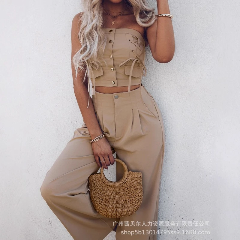 

Women Pant Set Two Piece Sets Strapless Sleeveless Tops High Waist Wide Leg Long Pants Y2k Streetwear Elegant Matching Sets