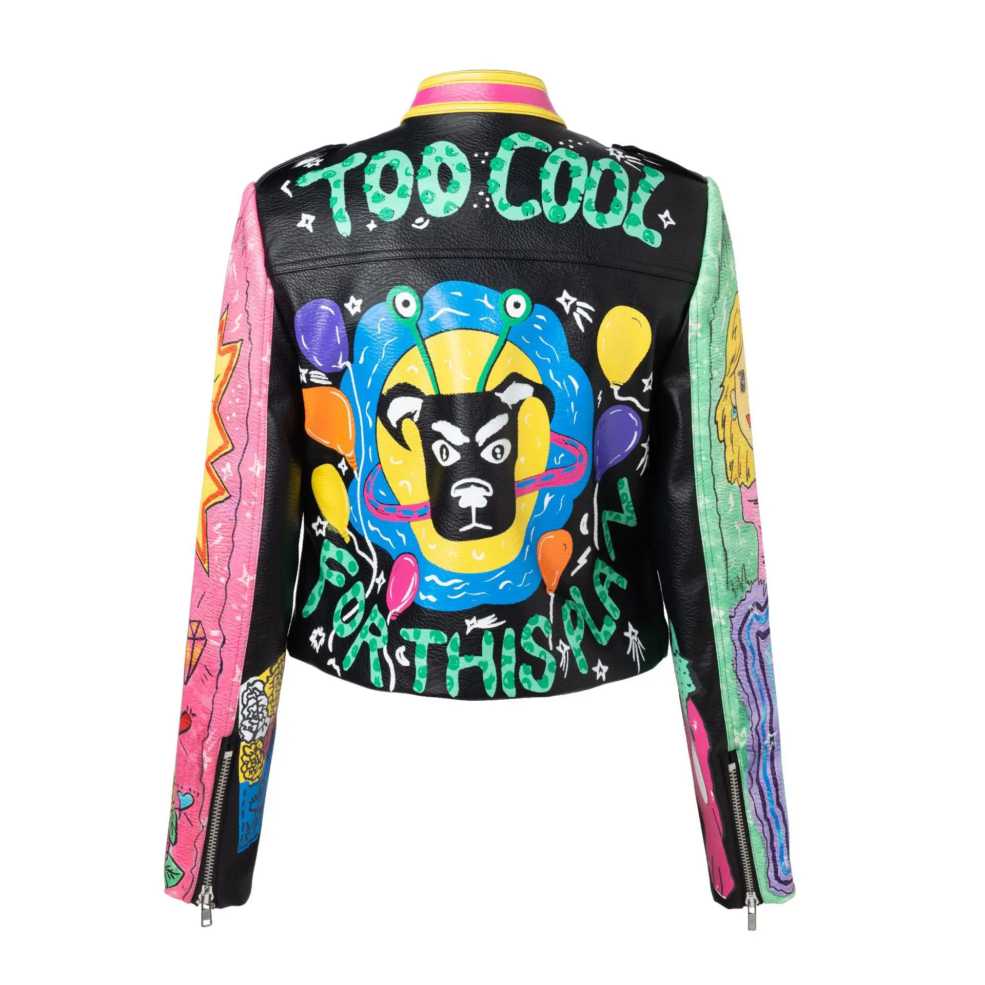 معطف جلد قصير جرافيتي أسود للنساء، سترة بسحاب للدراجات النارية، بانك روك، جودة البولي يوريثان، موضة، شتاء