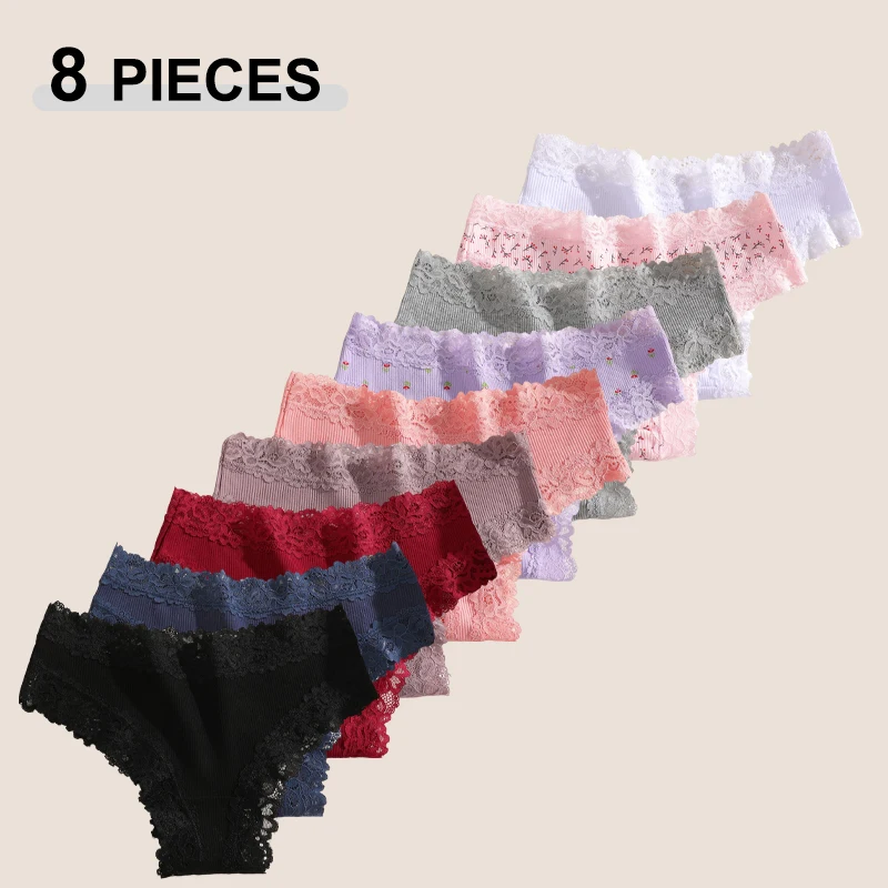 Lot de 8 culottes bikini sans couture en coton pour femme, sexy, patchwork, dentelle, sous-vêtements brésiliens, lingerie intime confortable et respirante