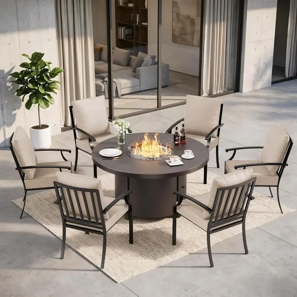 

7-Piece Outdoor Patio Furniture Set with 48 Round Propane Fire Pit Table, Dining Set with 6 Chairs, Perfect for Backyard and Gar