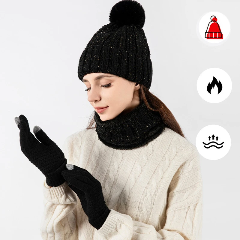 Hat Winter Knitted Hat Big Hair Ball Warm Pile Intensification Boys And Girls Winter Knitted Hat Scarf And Gloves 3pcs/Set