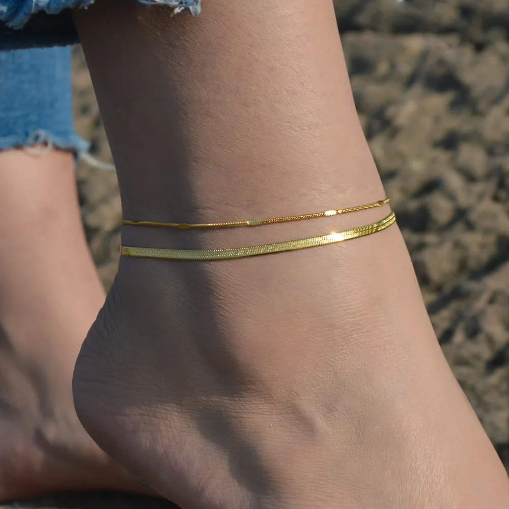 2024 Summer New Gold Color Anklets For Women Stainless Steel Firga Chain Feet Jewelry Layered Link Chain Accessory