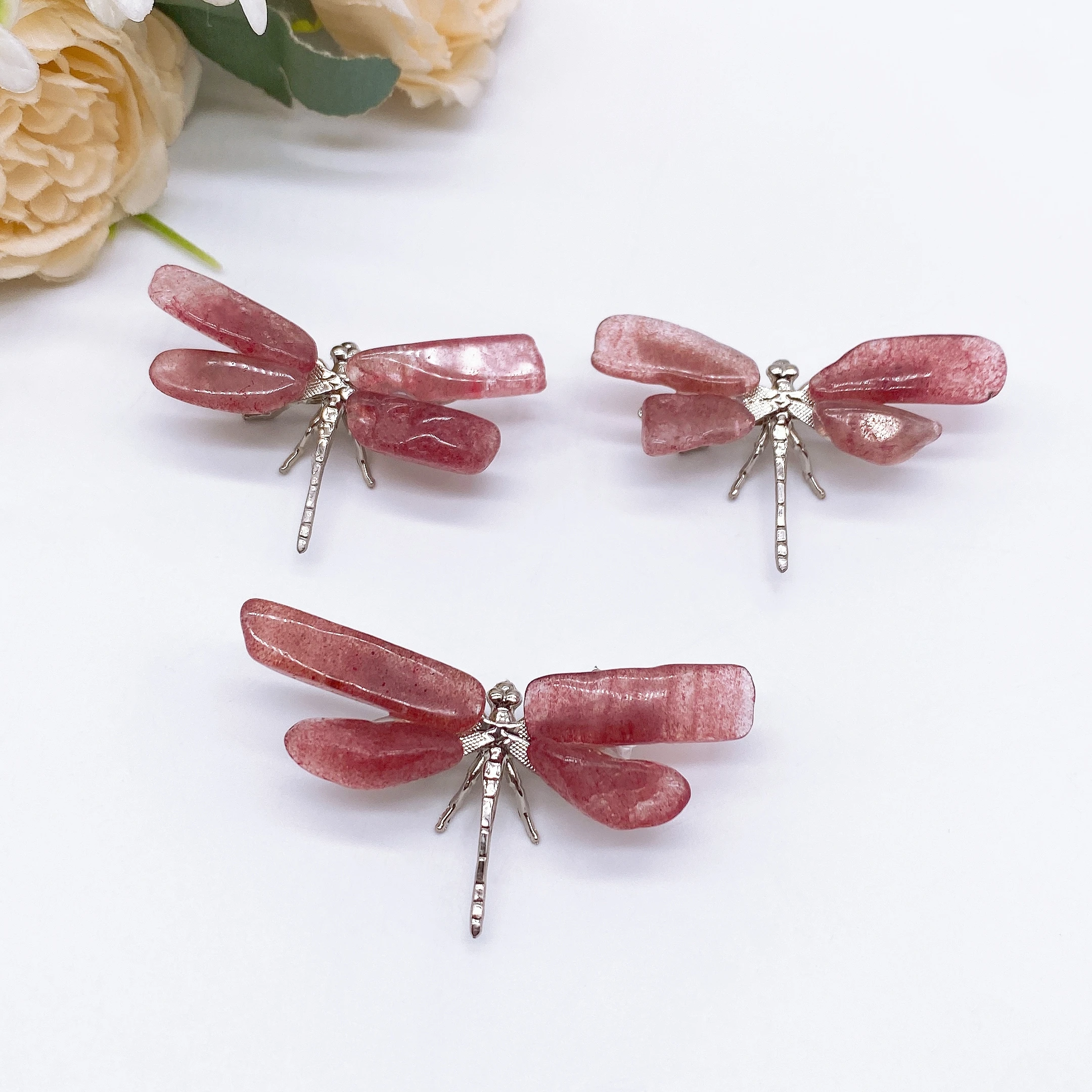 1PC Natural Pink Strawberry Quartz Dragonfly Crystal Stone spar crafts Butterfly Statue Reiki Healing Home Decor Children Gift