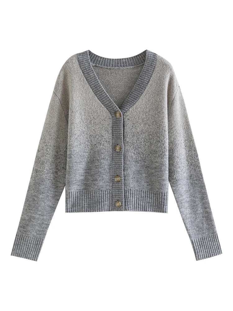 ZIQIAO French Retro Gradient Gray V-neck Sweater Jacket for Women 2023 Autumn Niche Design Wool Cardigan Short Coat Female