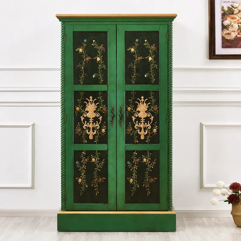 Gold Emerald American Country Solid Wood Wardrobe with Full Length Mirror Bedroom Single Door Painted Furniture Storage