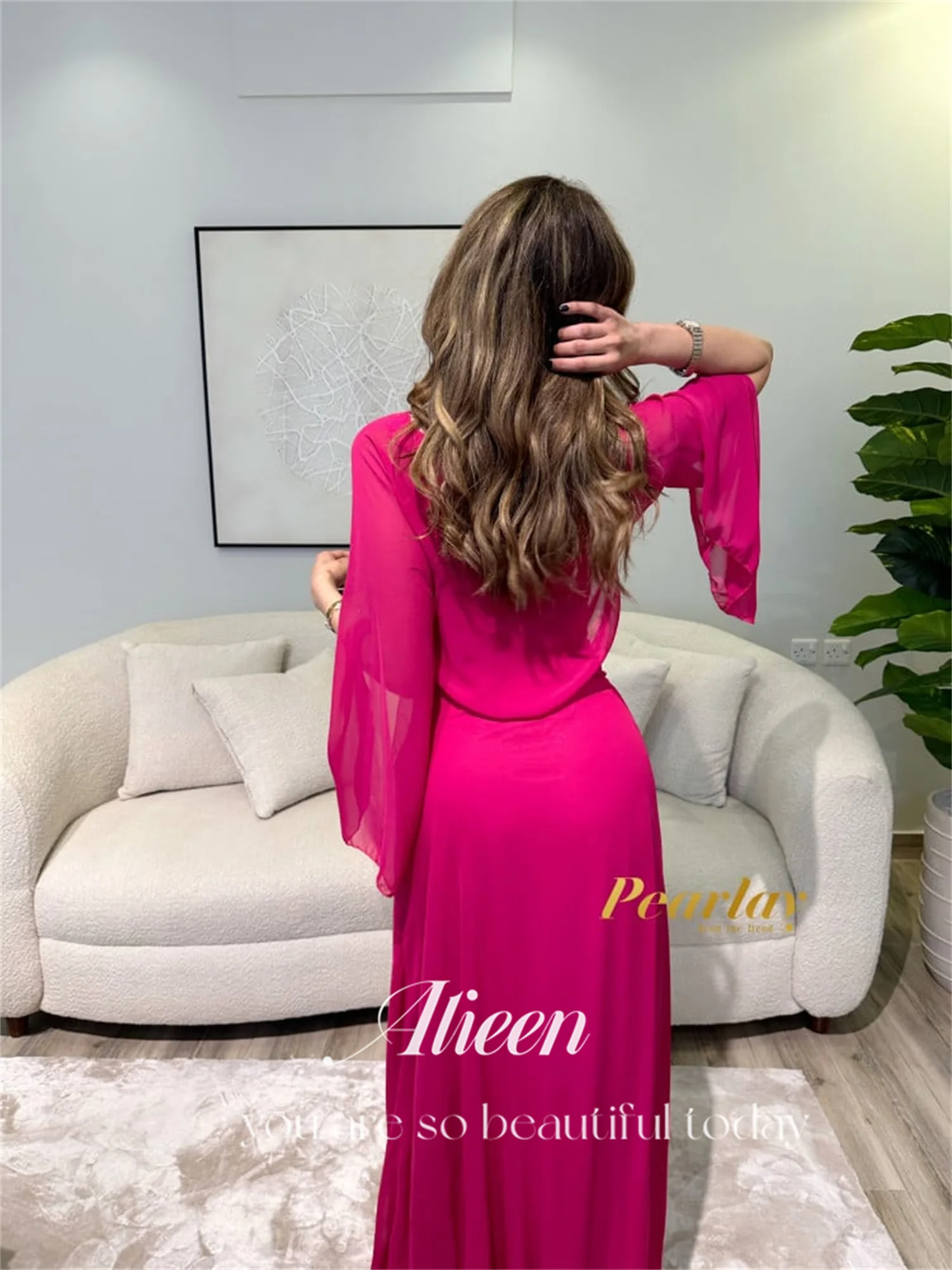 Aileen Two Piece Set Long Sleeves Rose Red Grace Chiffon Customized Dresses for Special Events Dubai Luxury Evening Dress Es