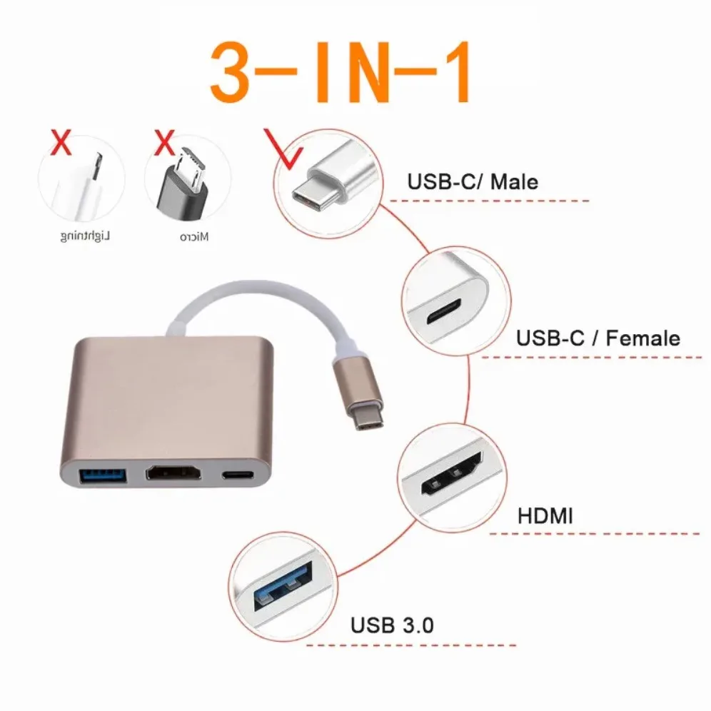 USB C 3 in 1 Hub Type C To HDMI-compatible USB Charging Adapter USB-C Hub for MacBook Mac Air Pro Huawei Mate10 Samsung S8 Plus