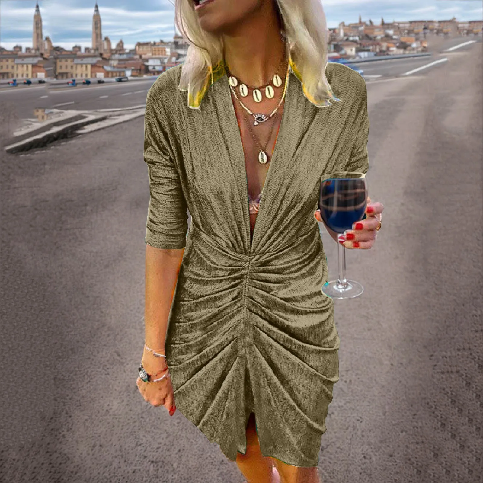 

2024 Sexy Deep V Neck Draped Silk Party Dress Women New Elegant Slim Slit Mini Dress Spring Autumn Casual Solid Bodycon Dresses