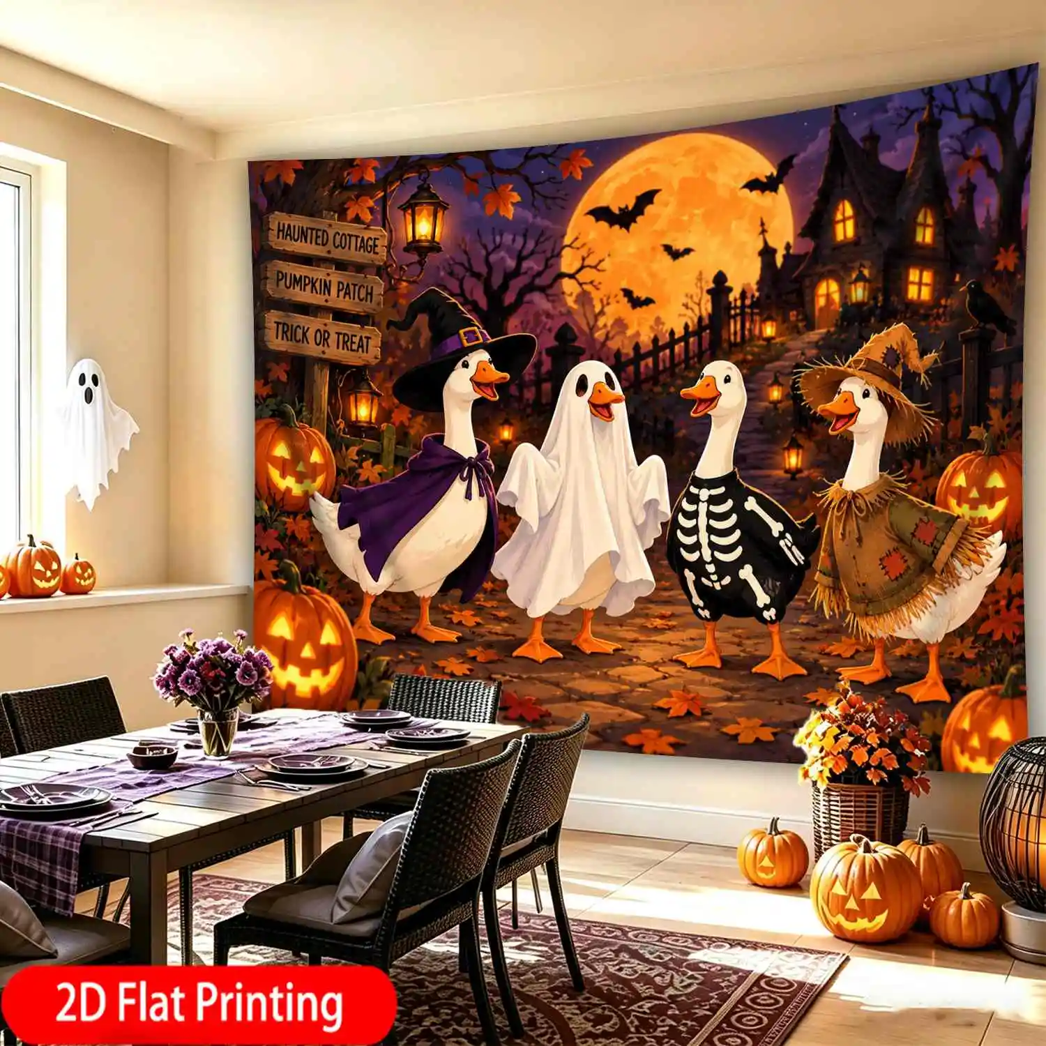 Funny Goose Halloween Tapestry, Spooky Pumpkin Wall Hanging Haunted Castle Art Boho Dorm Room Decor Funny Holiday Party Backdrop