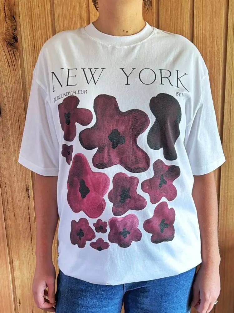JHYF American Retro Oversize Hand-drawn Graffiti Flower Print Short Sleeve T-shirt Women's Street Style Cotton round Neck Top