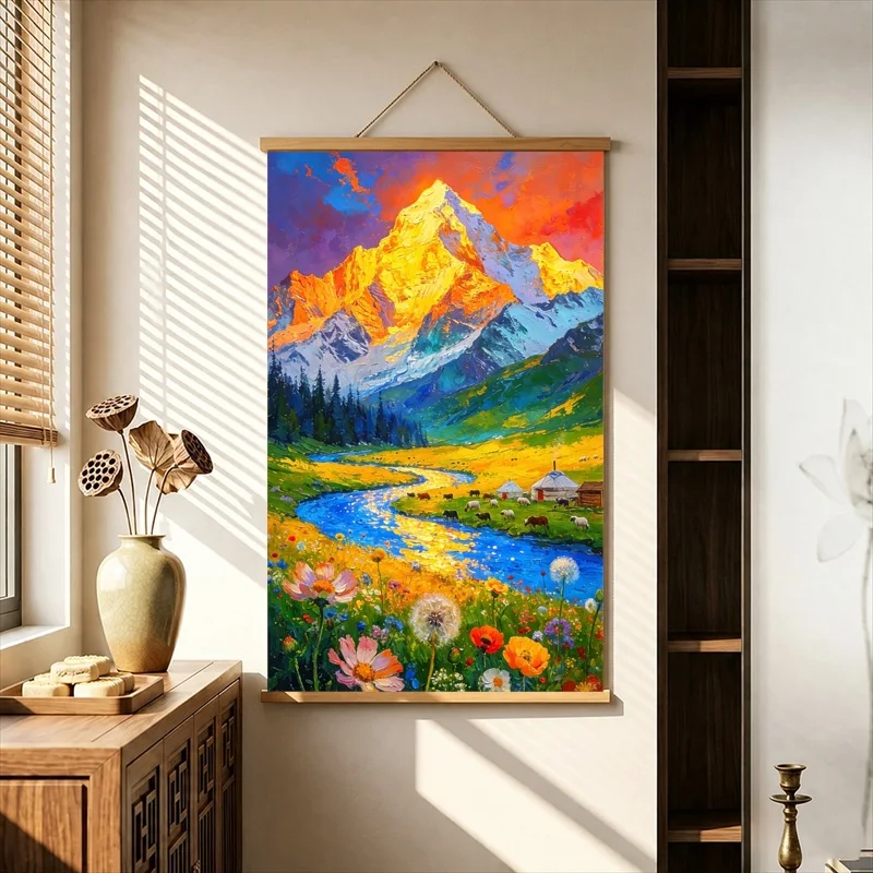 Wall Art Golden Snow Mountains above Flowering Valleys, Pearlescent Canvas Hanging Scroll for Vacation Villa Interior Decor