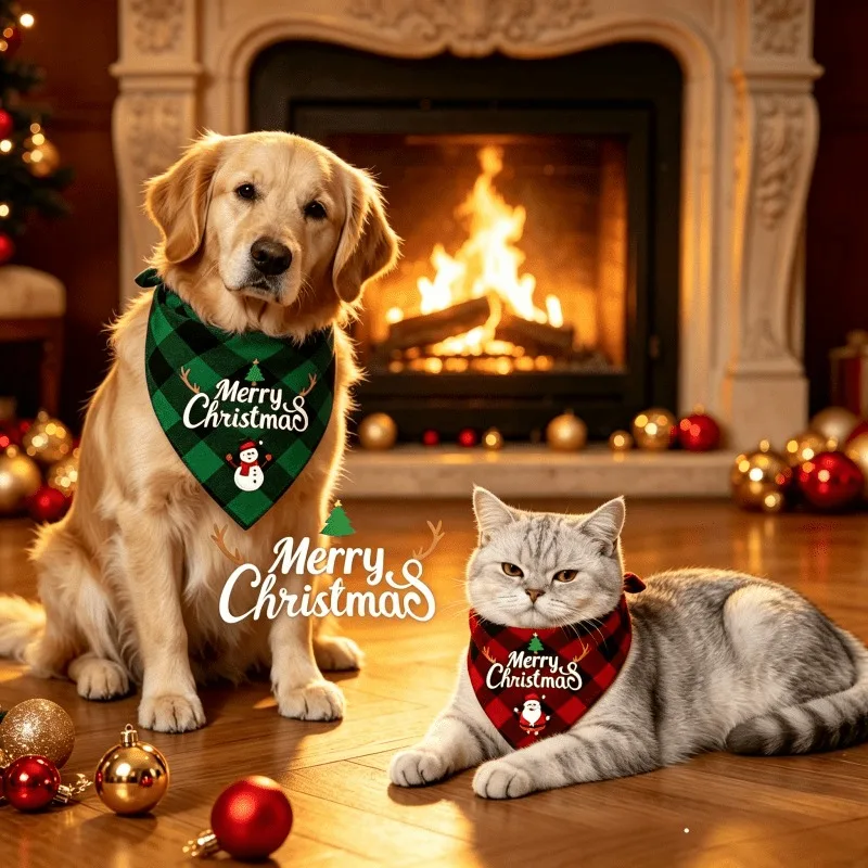 Christmas themed pet triangle, plaid holiday scarf with adjustable tie up pet collar, holiday party dog and cat accessories