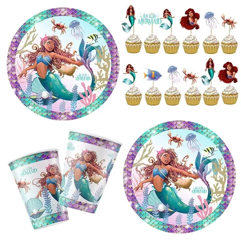 Disney The Little Mermaid Girl Theme Birthday Party Decorate Disposable Set Tableware Plate Balloon Honeycomb Kid Shower Supply