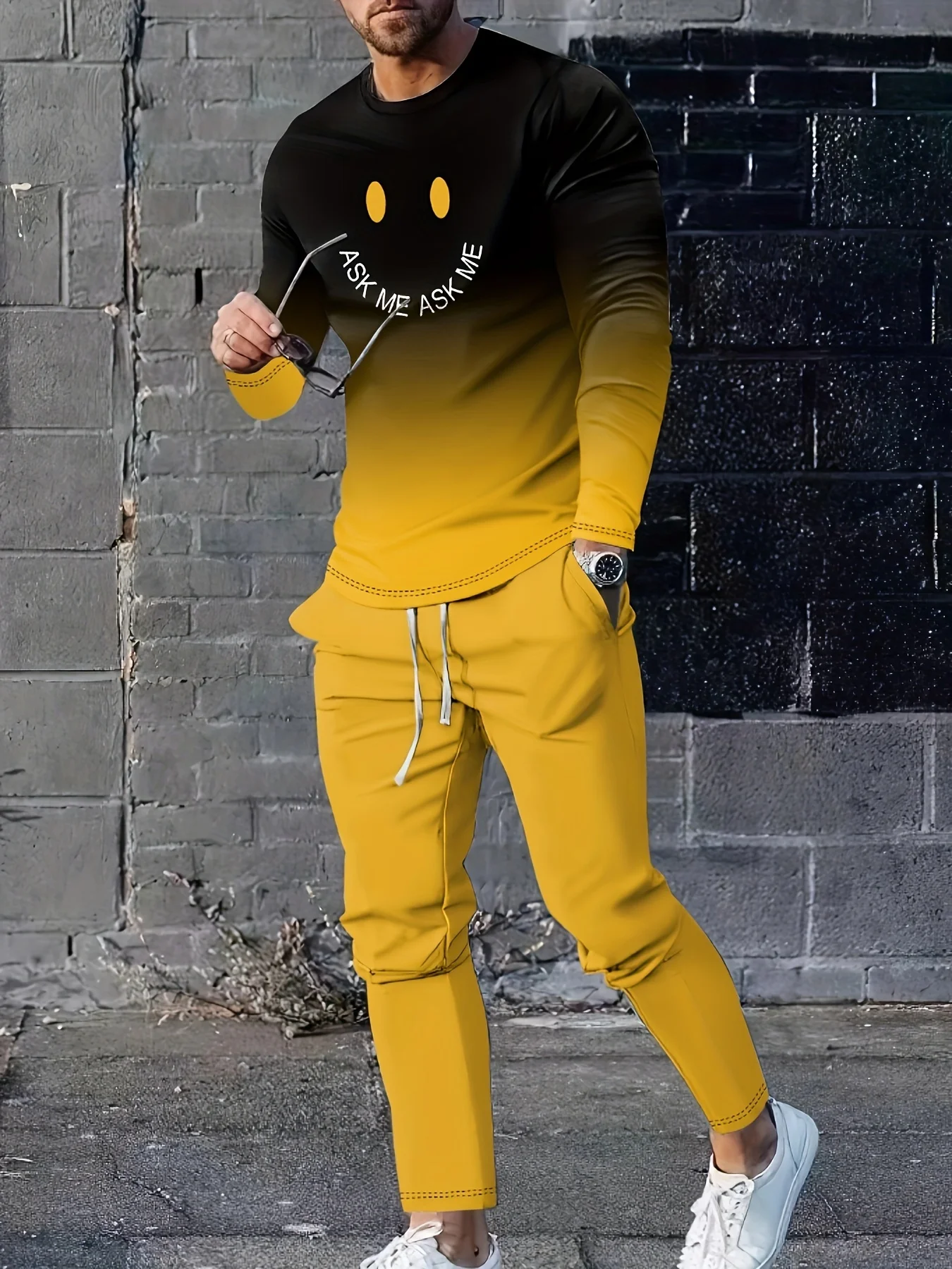 

Men's 3d Pattern Smiley Face T-shirt Long Sleeve Trousers Set Clothes Sportswear Sports Two Piece Set Spring Autumn Crew Neck