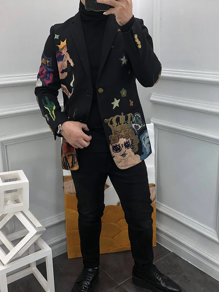 Groom Wedding Party Colorful Floral Printed Casual Blazer Men Slim Fit Single Breasted Suit Coat Office Work Cargo Woolen Jacket