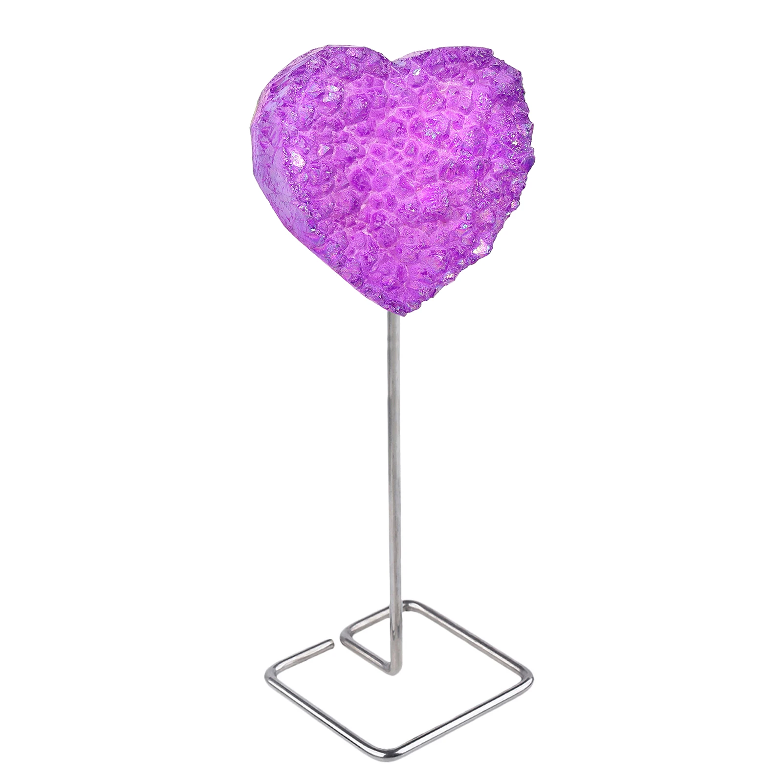 

Love Heart Shaped Titanium Coated Rock Quartz With Metal Stand Colorful Crystal Cluster Geode Stone Ornament Display Specimen