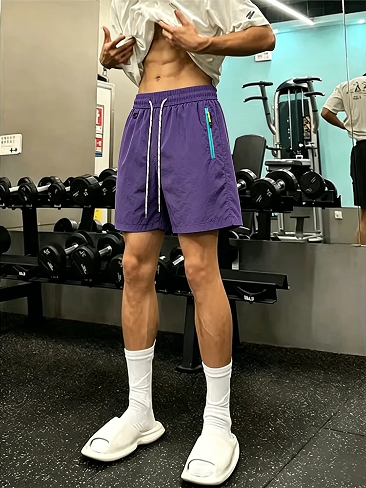 Quick Dry Sports Shorts for Men Summer Cool Feeling Ice Silk Fitness Training Cord Drawstring Zipper Pocket Casual Five-Quart...