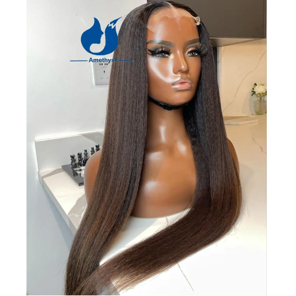 

Amethyst Yaki Straight 13x6 Chocolate Brown Lace Front Human Hair Wig 5.5x4.5 PU Silk Base Cloure Wig Brazilian Remy Plucked