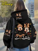 Sudadera con capucha unisex de lana de algodón de Disney, color negro, con Mickey Minnie, pose sentada y mariposas coloridas, estampado en la espalda, corte holgado
