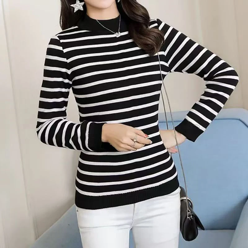 

ITOOLIN Thickened Fleece Striped O-Neck Sweater Top Warm Long Sleeve Pullovers Women's Sweatshirt