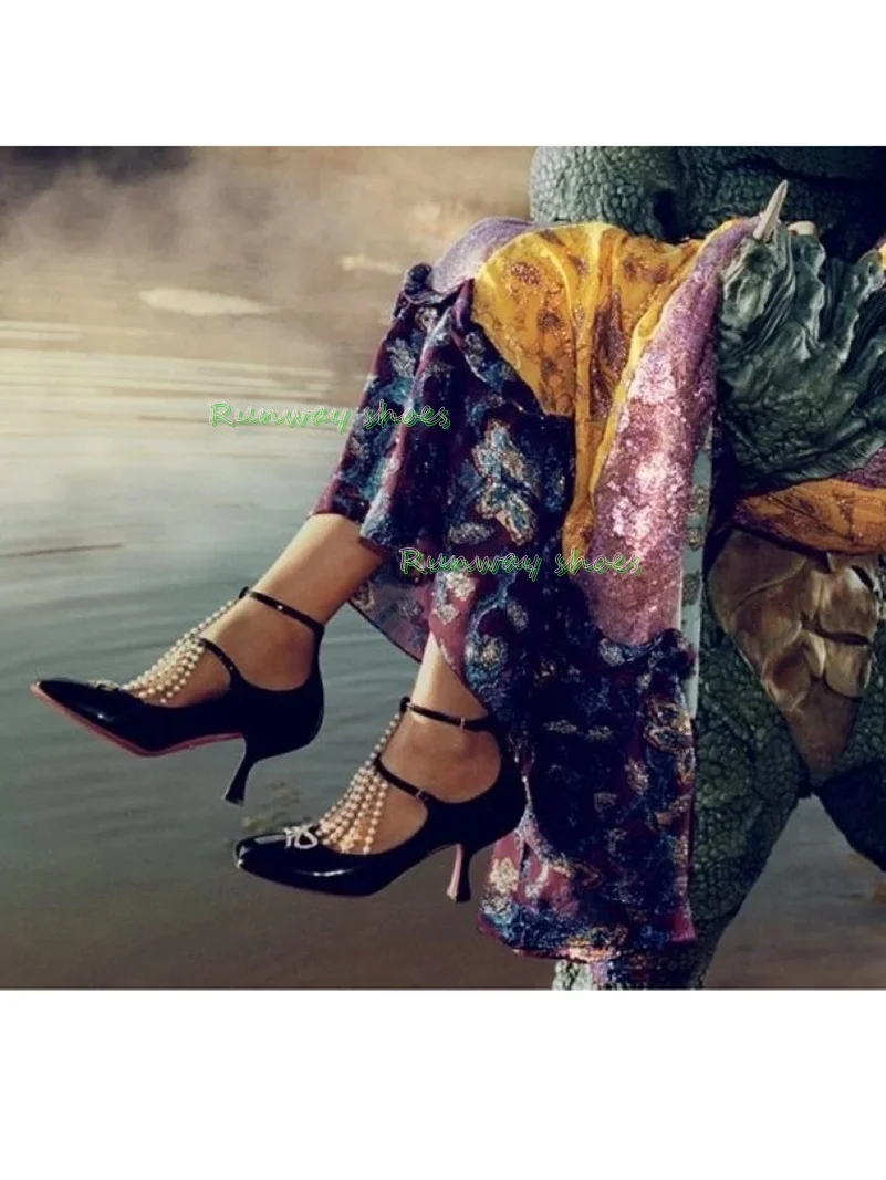 Women Black Patent Leather Mary Jane Pumps Square Toe T Strap Double Buckle Pearl Tassel Chain Rhinestone Bow High Heels Party