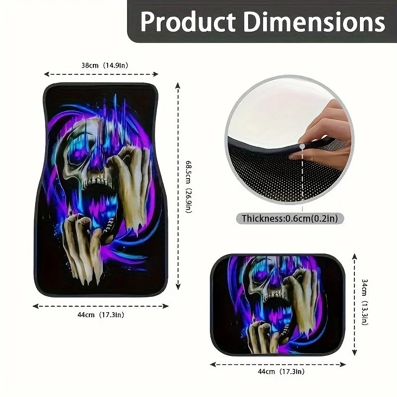 4pcs Set Of Skull Print Car Floor Mats, Suitable For Sedans, Trucks, SUVs And Other Models, Absorbent, Non-slip And Easy To Clea