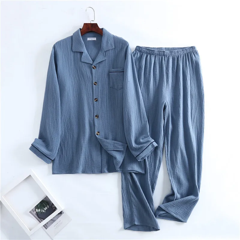 Spring Autumn Men Casual Pajama Sets Male 100% Cotton Sleepwear Suit Long Sleeve Turn-down Collar Shirt & Pants Home Suit