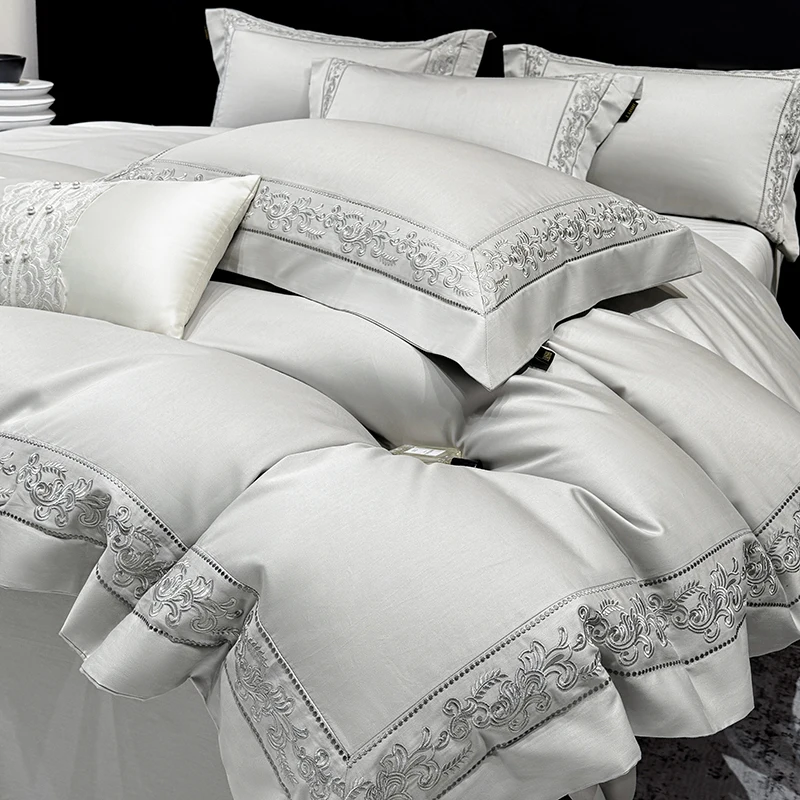 600TC Egyptian Cotton Bedding Set, Luxury Embroidery Duvet Cover with Pillowcases, Flat/Fitted Bed Sheet for Home Hotel, 4Pcs
